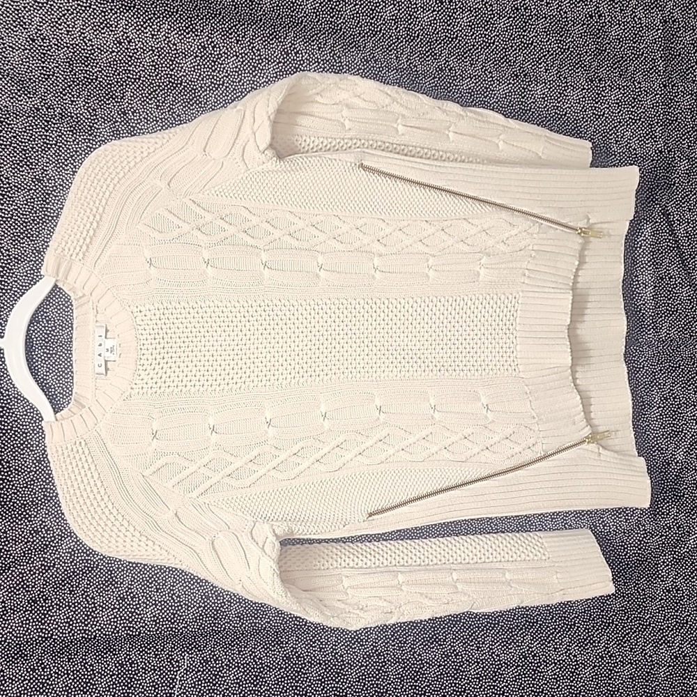 CAbi Cream Cabke Knit Long Sleeve Sweater With Side Zippers.